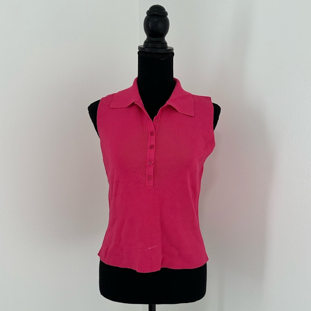 Pink Ribbed Sleeveless Button-Up Top